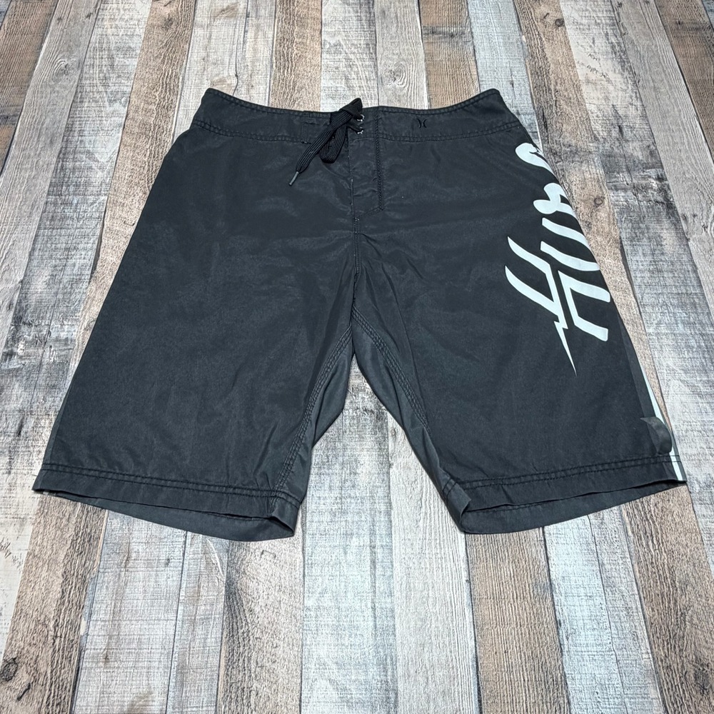 Hurley Board Shorts Mens 33 Black Spellout Vintage Surf Swim Trunks Y2K Skate